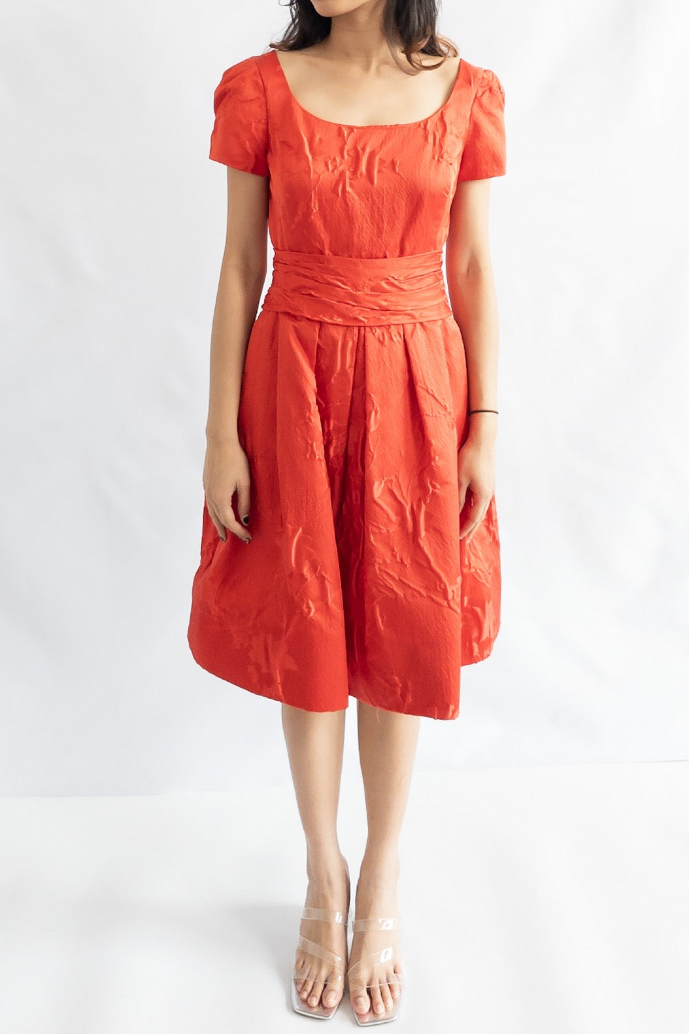 Oscar de la Renta Red Silk Jacquard Scoop Neck Dress UK 8