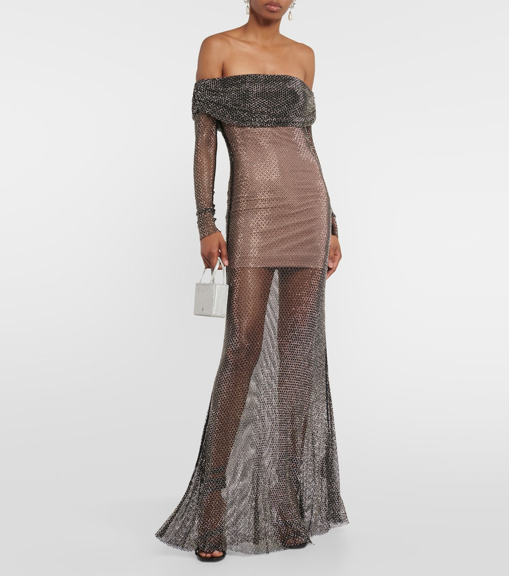 Self Portrait Black Crystal-Embellished fishnet gown UK 6