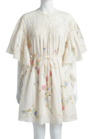 Zimmermann Ivory Lucky Floral Linen & Lace Mini Dress T3 UK 12