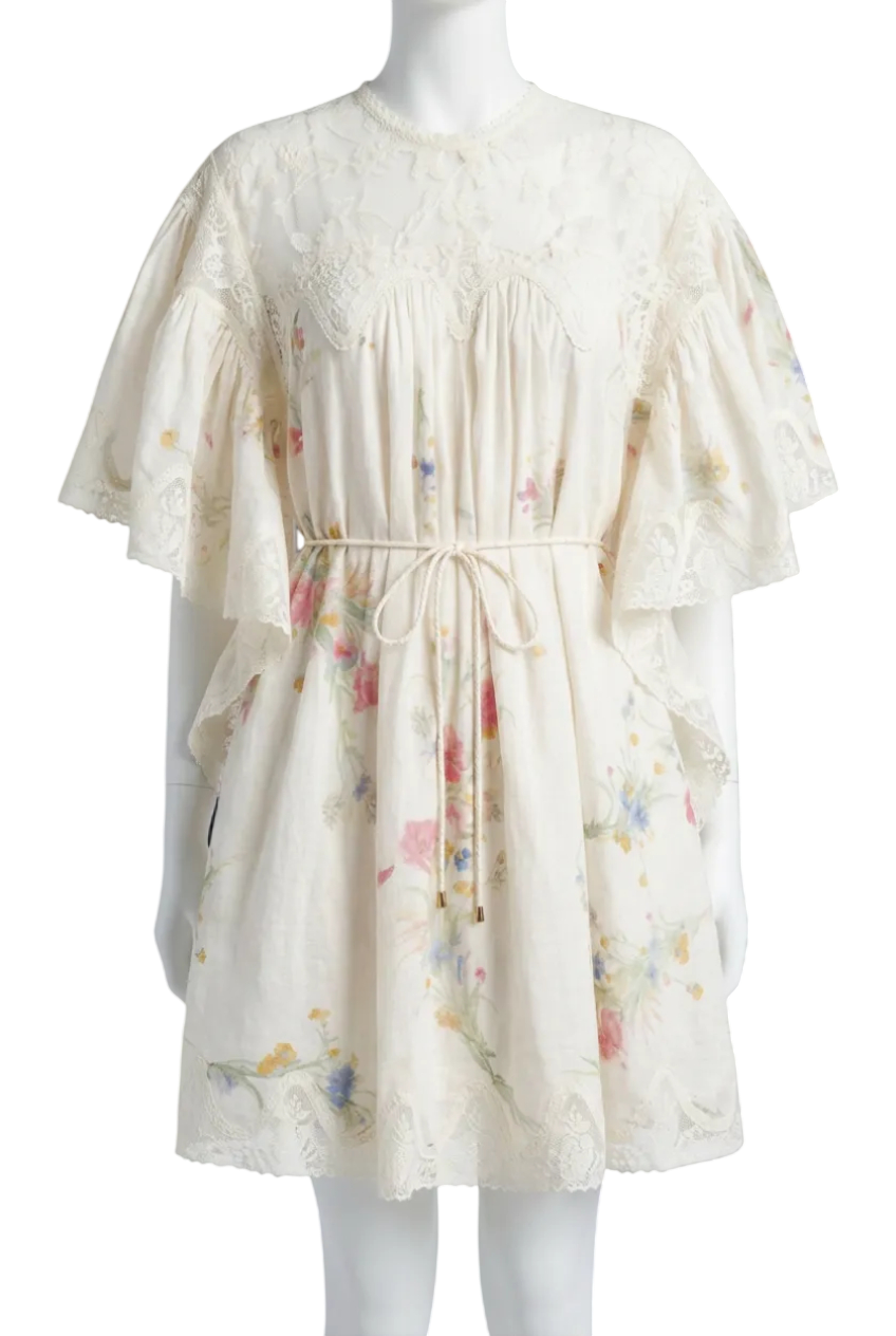 Zimmermann Ivory Lucky Floral Linen & Lace Mini Dress T3 UK 12