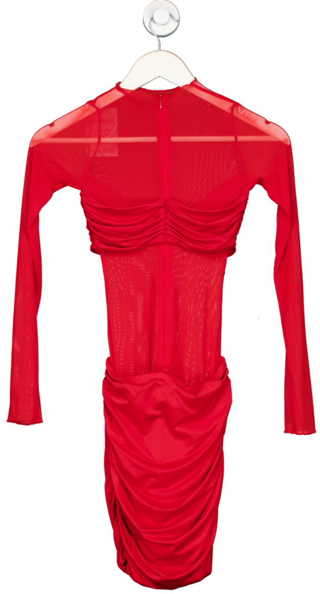 Oh Polly Fiery Red Ruched Mesh Dress UK 6
