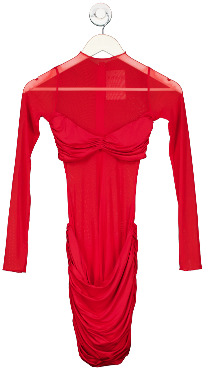 Oh Polly Fiery Red Ruched Mesh Dress UK 6