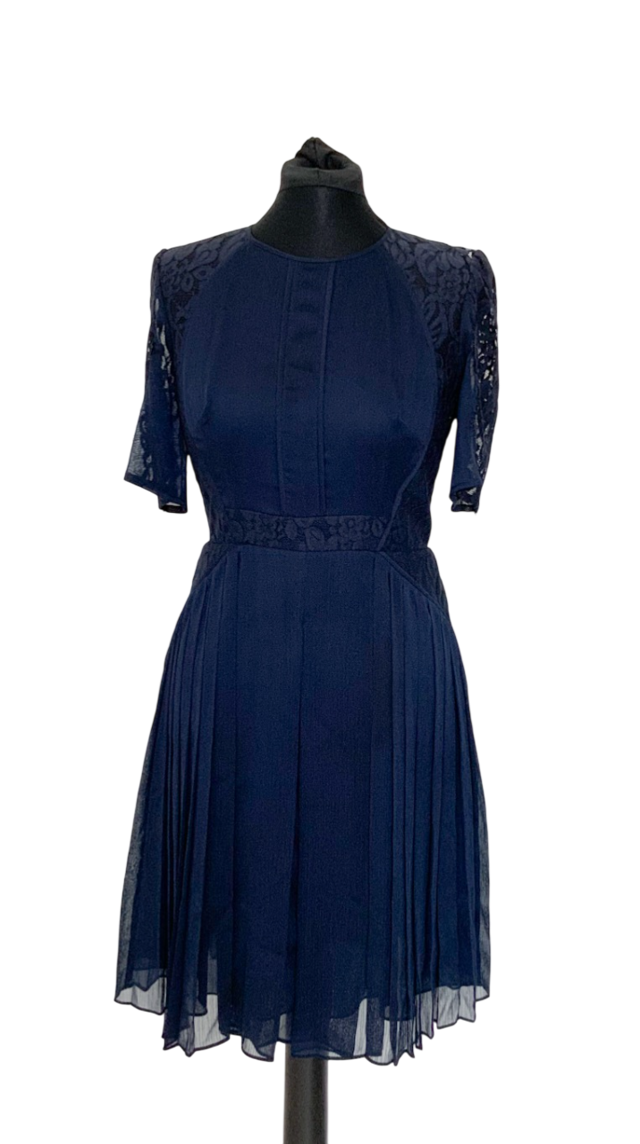 Whistles Navy Blue Lace Detail Pleated Mini Dress UK 10