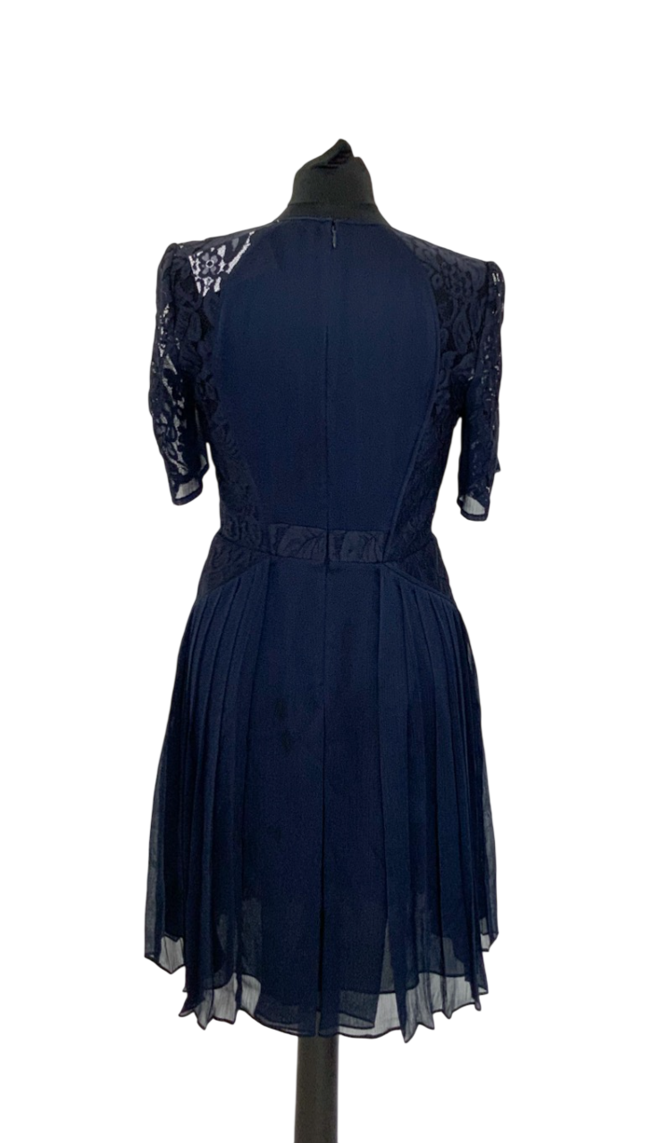 Whistles Navy Blue Lace Detail Pleated Mini Dress UK 10