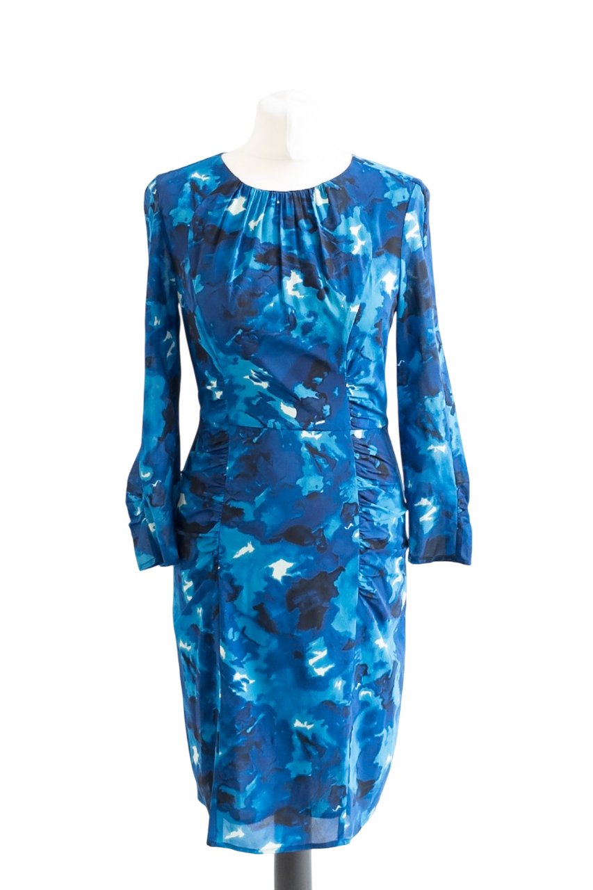 Whistles Blue Watercolour Print Ruched Silk Midi Dress UK 10
