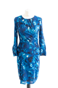 Whistles Blue Watercolour Print Ruched Silk Midi Dress UK 10