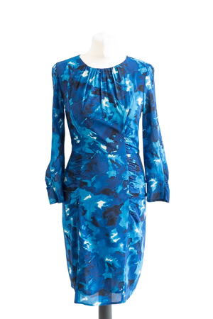Whistles Blue Watercolour Print Ruched Silk Midi Dress UK 10