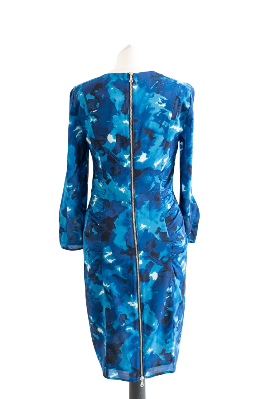 Whistles Blue Watercolour Print Ruched Silk Midi Dress UK 10
