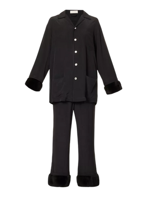 OLIVIA VON HALLE Black Casablanca Riri Faux Fur-trimmed Silk Crepe De Chine Pajama Set UK M