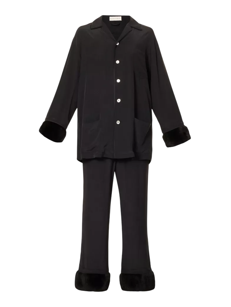 OLIVIA VON HALLE Black Casablanca Riri Faux Fur-trimmed Silk Crepe De Chine Pajama Set UK M