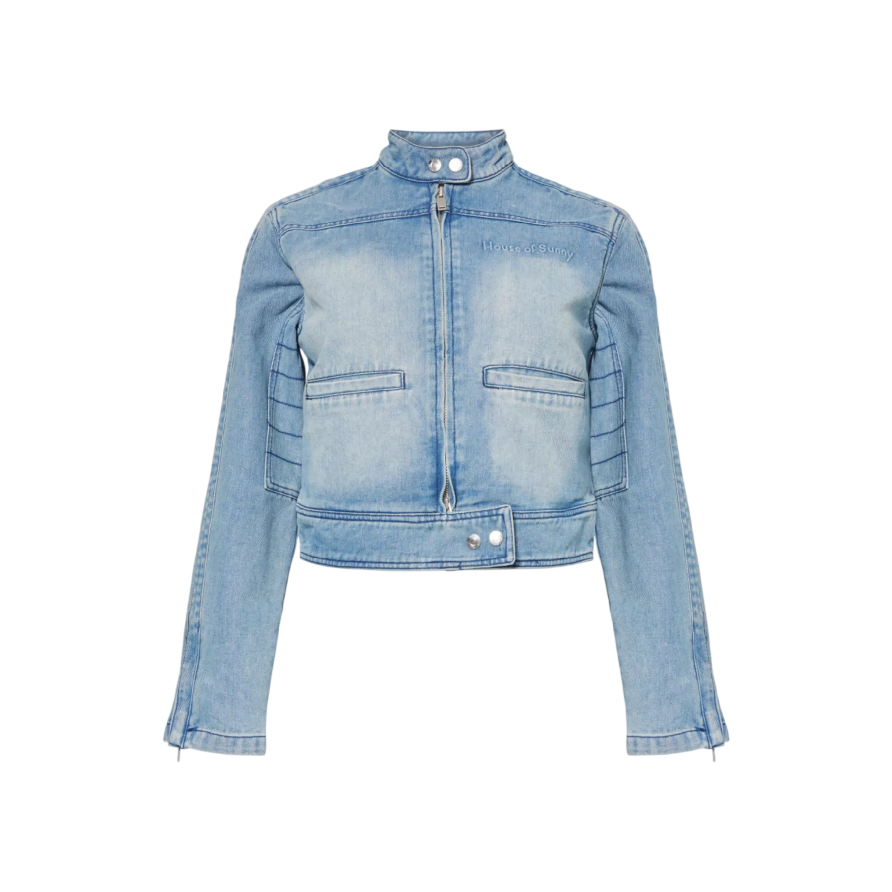 HOUSE OF SUNNY Blue Take A Trip Text-embossed Denim-blend Jacket UK 8