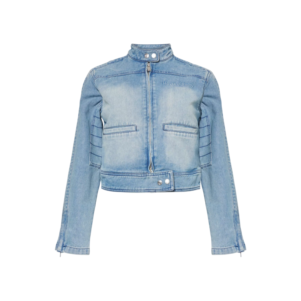 HOUSE OF SUNNY Blue Take A Trip Text-embossed Denim-blend Jacket UK 8