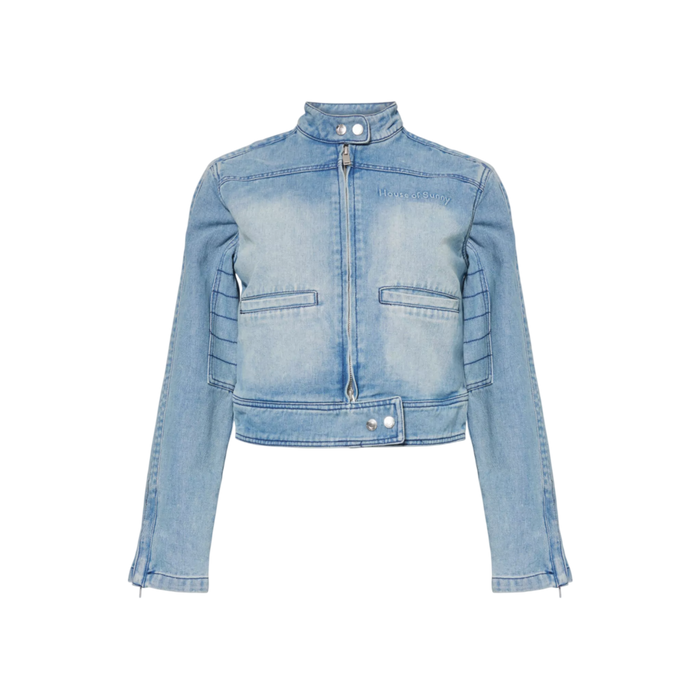 HOUSE OF SUNNY Blue Take A Trip Text-embossed Denim-blend Jacket UK 6