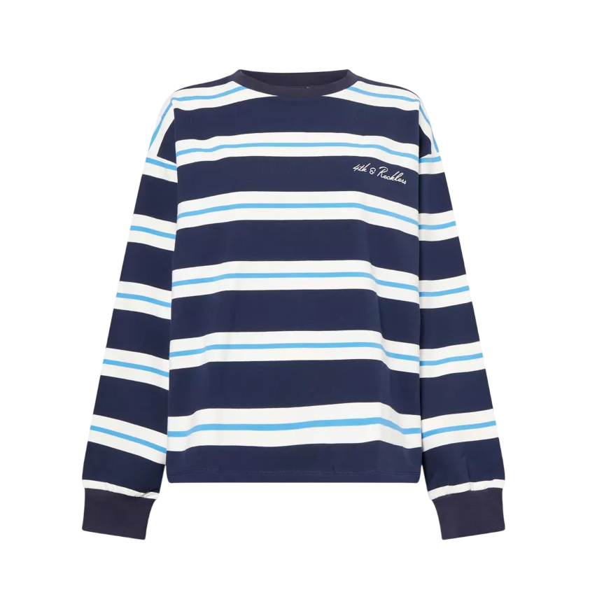 4th & Reckless Blue Cotton Rich Embroidered Logo Oversized Long T-shirt UK S