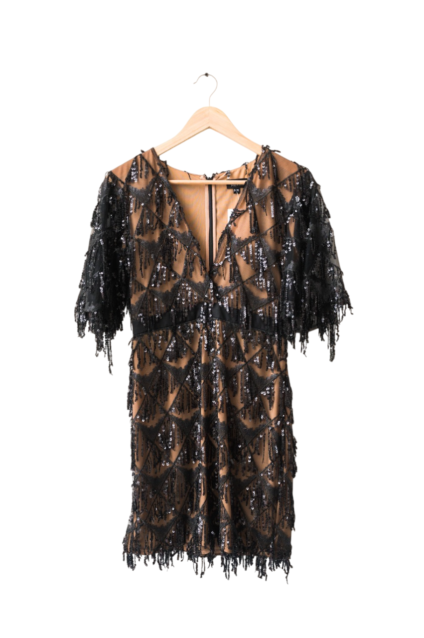 Nadine Merabi Black R570 Lexie Beaded Sequin Mini Dress UK S/M