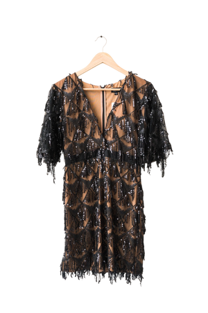 Nadine Merabi Black Lexie Beaded Sequin Mini Dress UK S/M