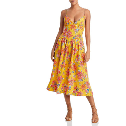 Rhode Resort Yellow floral Sophie Linen Midi Dress UK 8