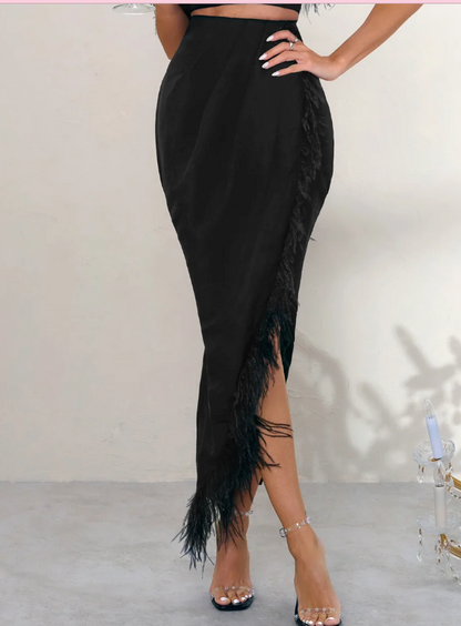 Club L Black Margarita High Waist Wrap Front Midi Skirt With Feather Trim BNWT UK 6