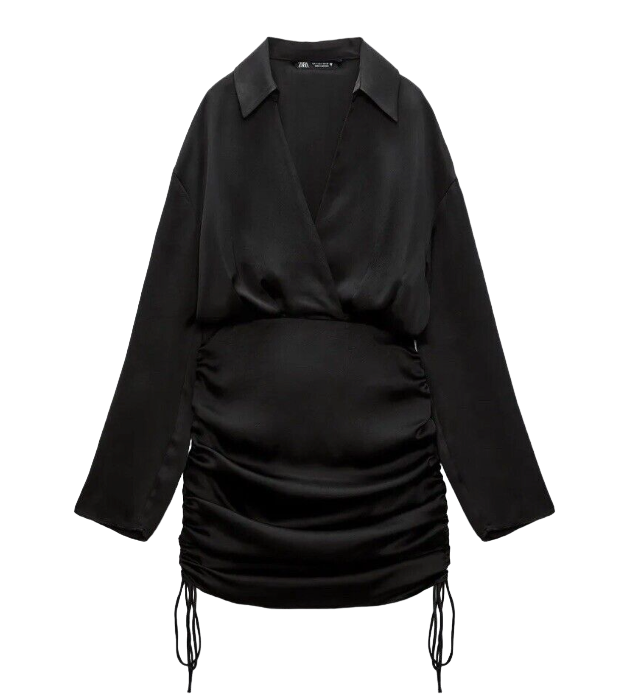 ZARA Black Satin Long Sleeve Ruched Mini Dress BNWT UK S