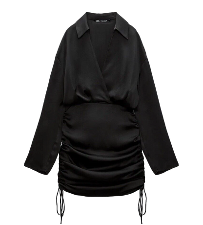 ZARA Black Satin Long Sleeve Ruched Mini Dress BNWT UK S