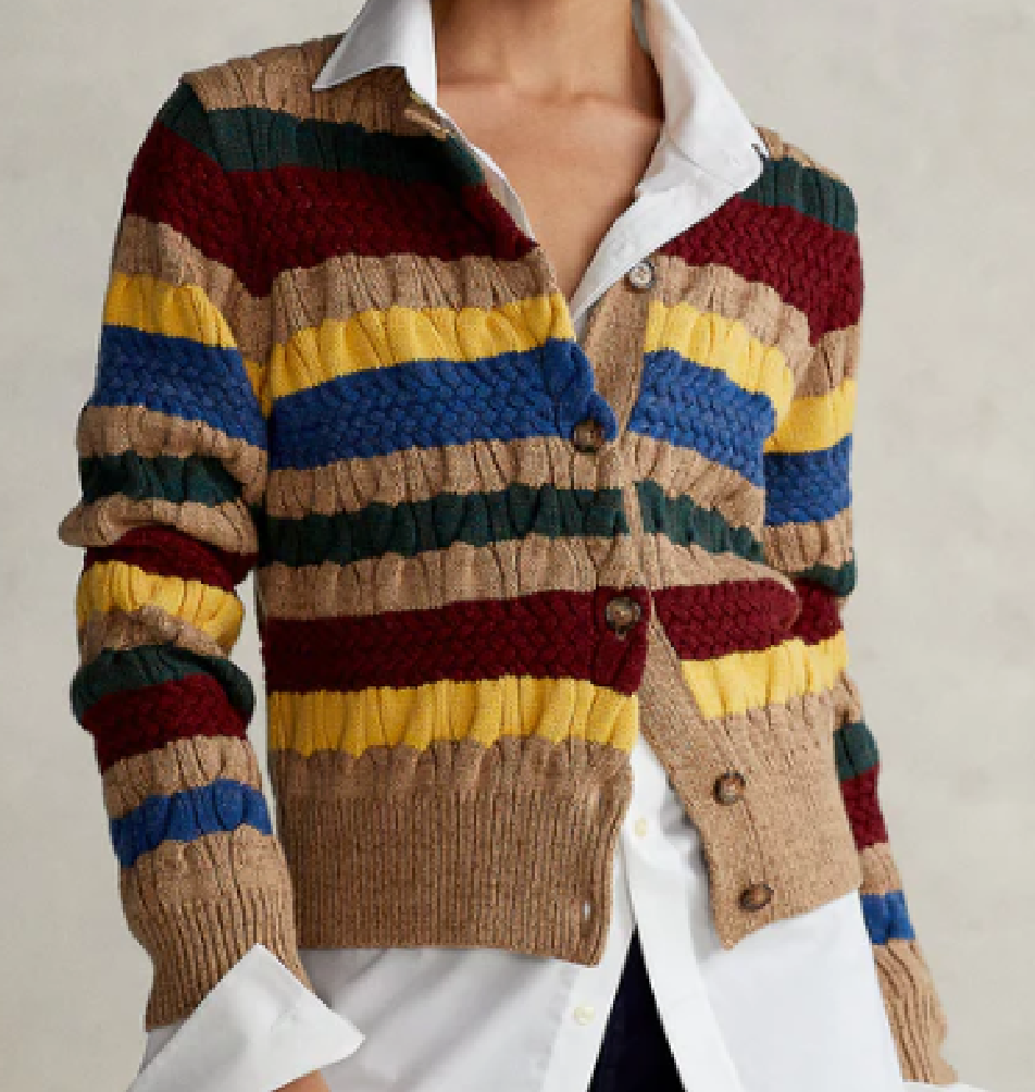 Polo Ralph Lauren Dark Beige Striped Cotton/wool Blend Striped Cable Knit Cardigan Bnwt UK XXS
