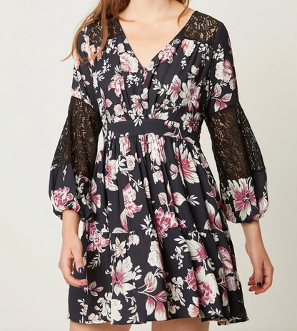 French Connection Black Crepe Floral Lace Insert Dress Bnwt UK 14
