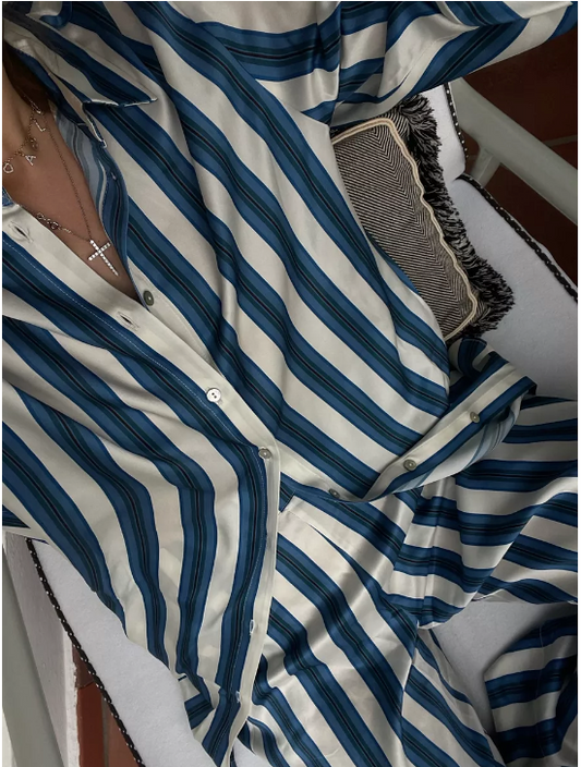 Asceno White / Blue 2 Piece London Striped 100% Silk Pyjama Set UK S