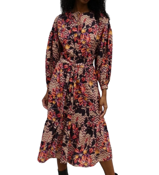 Raishma Brown Kiera Autumn Floral Midi Dress UK 16