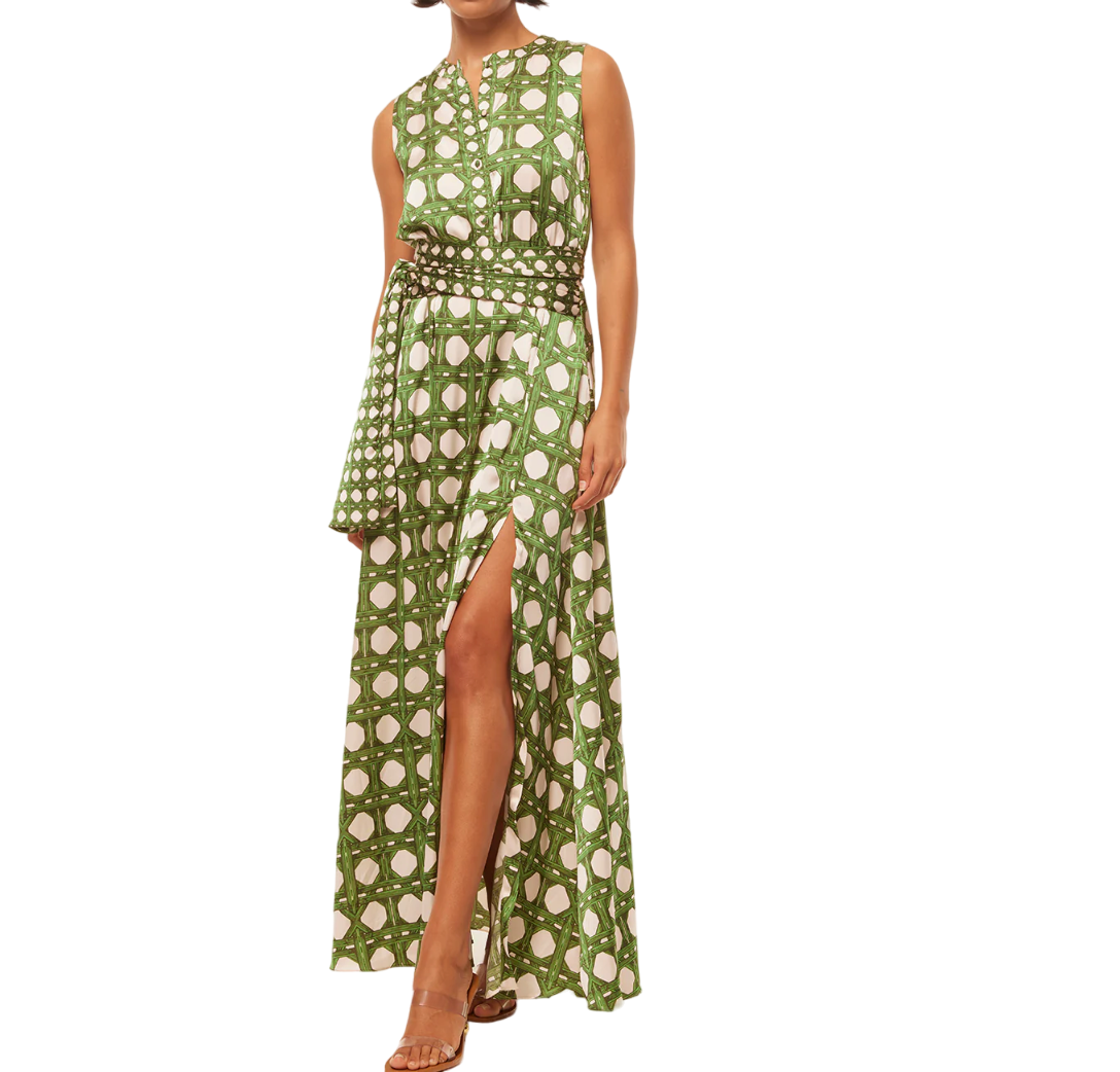 MISA Los Angeles Green Bamboo Print Maxi Dress UK XS