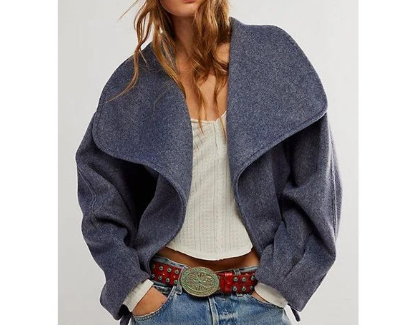 Free People Blue Cashmere-feel belted Jacket UK S