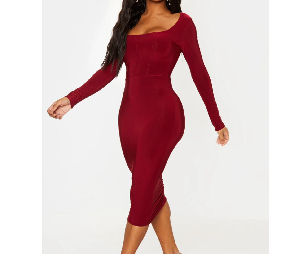 Missguided Shape Burgundy Slinky Panelled Long Sleeve Midi Dress Bnwt UK 8
