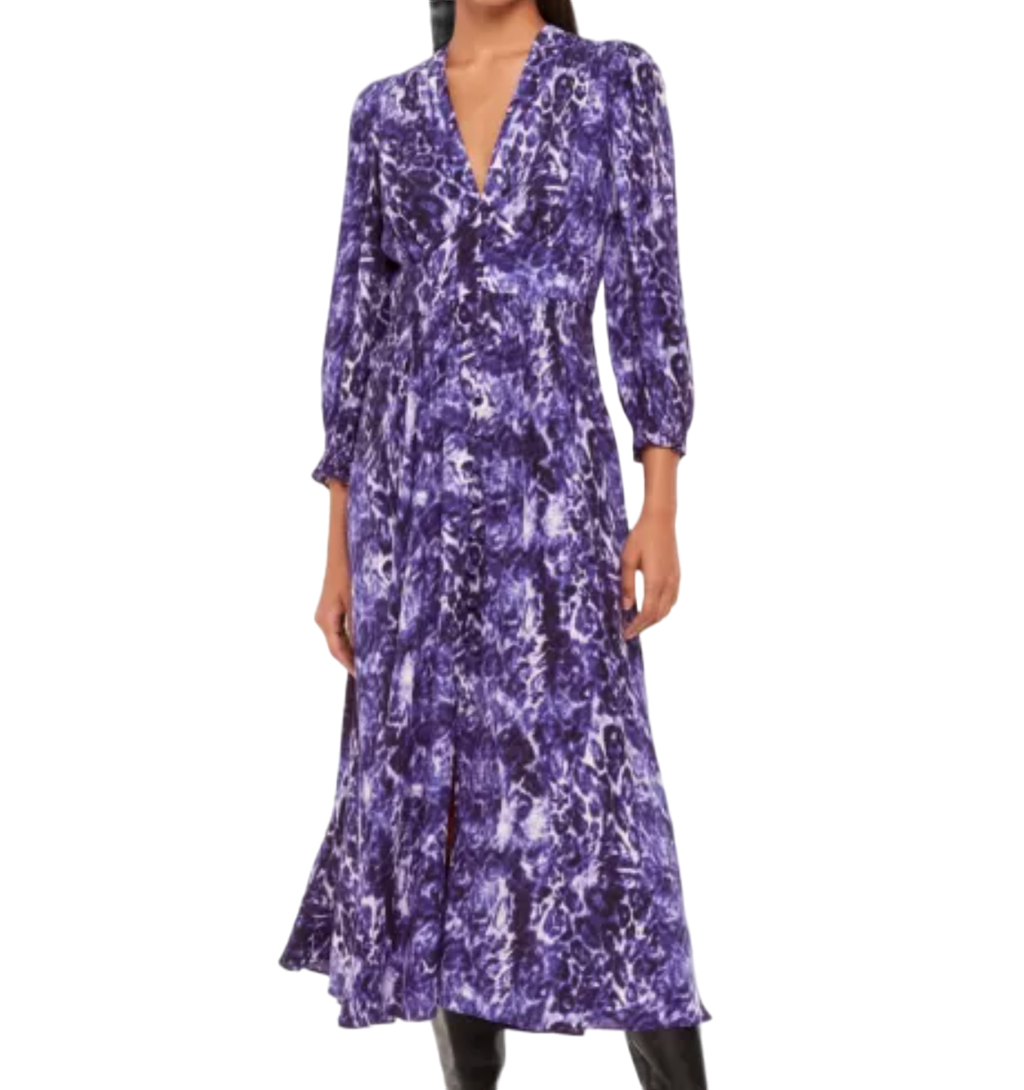 Whistles Purple Animal-print Long-sleeve Woven Midi Dress UK 18