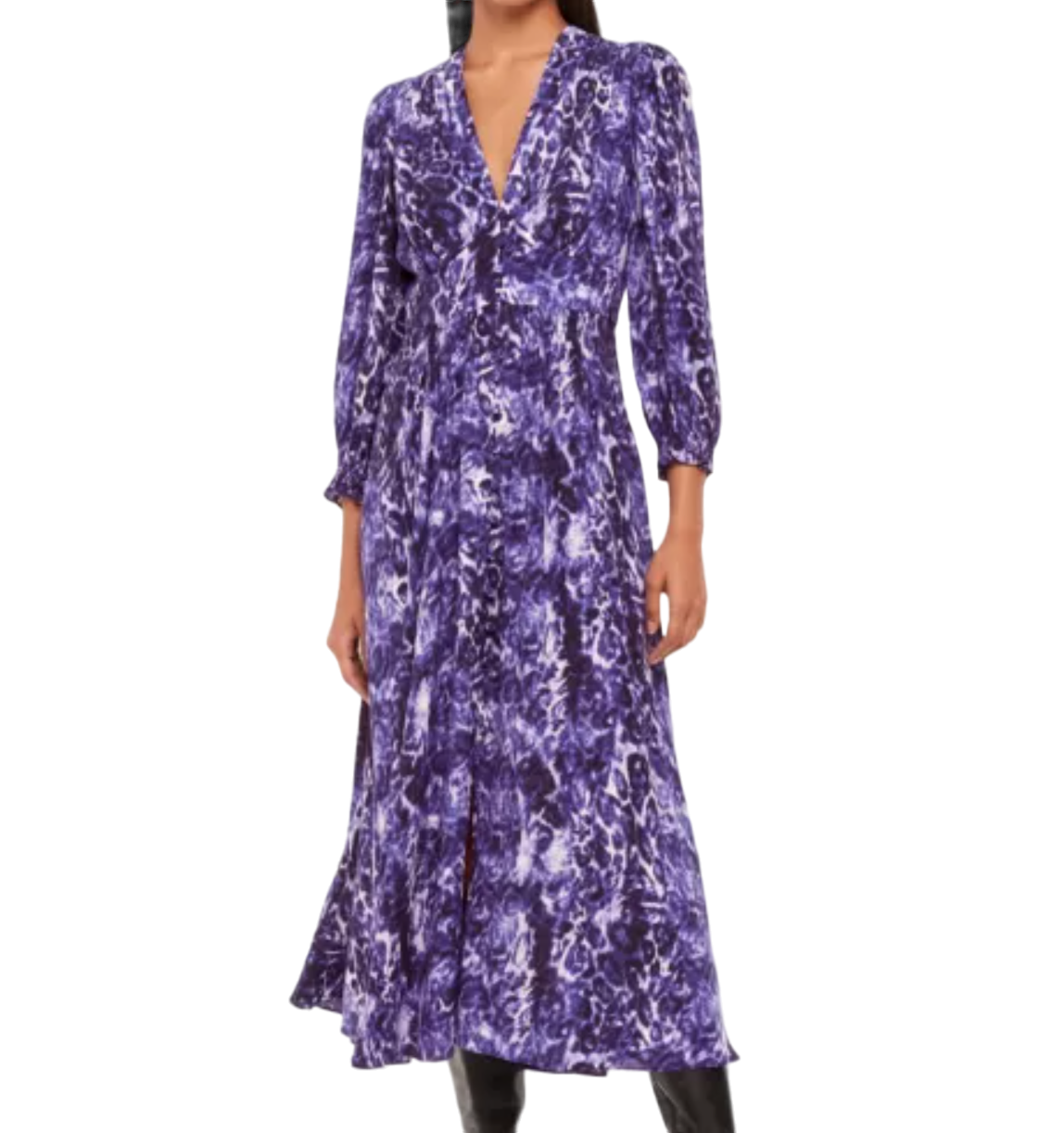Whistles Purple Animal-print Long-sleeve Woven Midi Dress UK 18