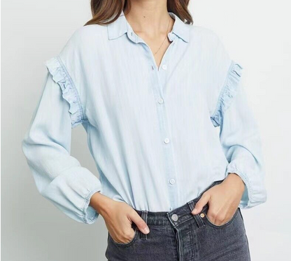 Rails Light Blue Willow Ruffled Chambray Ruffle Sleeve Shirt XS