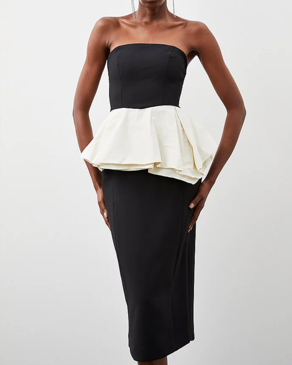 Karen Millen Black Stretch Double Ruffle Bandeau Midi Dress UK 6