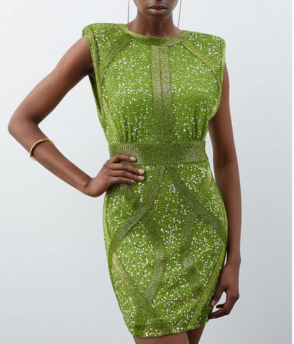 Karen Millen Green Petite Crystal Embellished Strong Shoulder Mini Dress UK 6