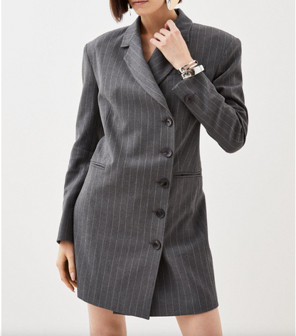 Karen Millen Grey Compact Stretch Pinstripe Single Breasted Blazer Dress UK 6