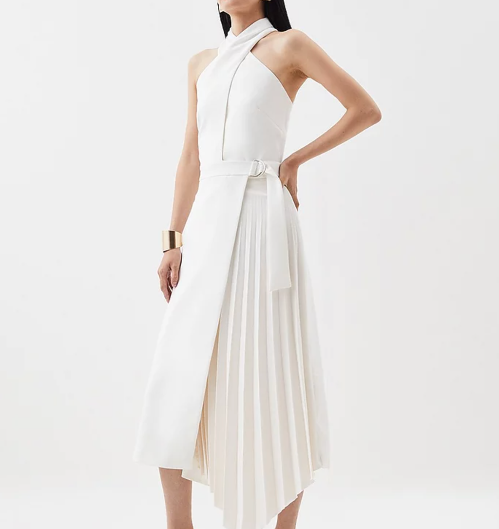 Karen Millen Cream Compact Stretch Halter Neck Pleat Detail Midi Dress UK 6