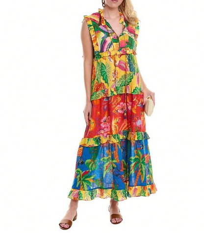 Farm Rio Multicoloured Mixed Prints Tiered Maxi Dress XS