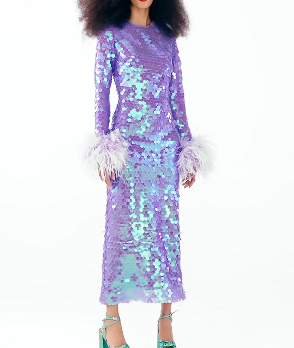 New Arrivals Lilac Hologram Sequin and Feathers Dress UK 10