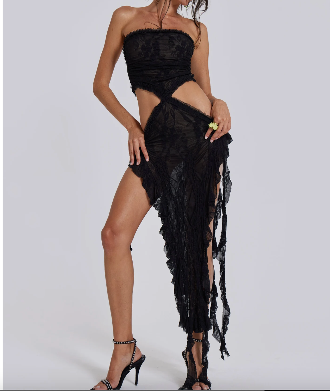 Jaded London Gaia Scrunch Lace Midi Dress in Black UK 6