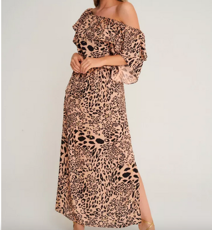 NAIA Leopard Halle Bardot Frill Maxi Dress Golden Leopard UK M