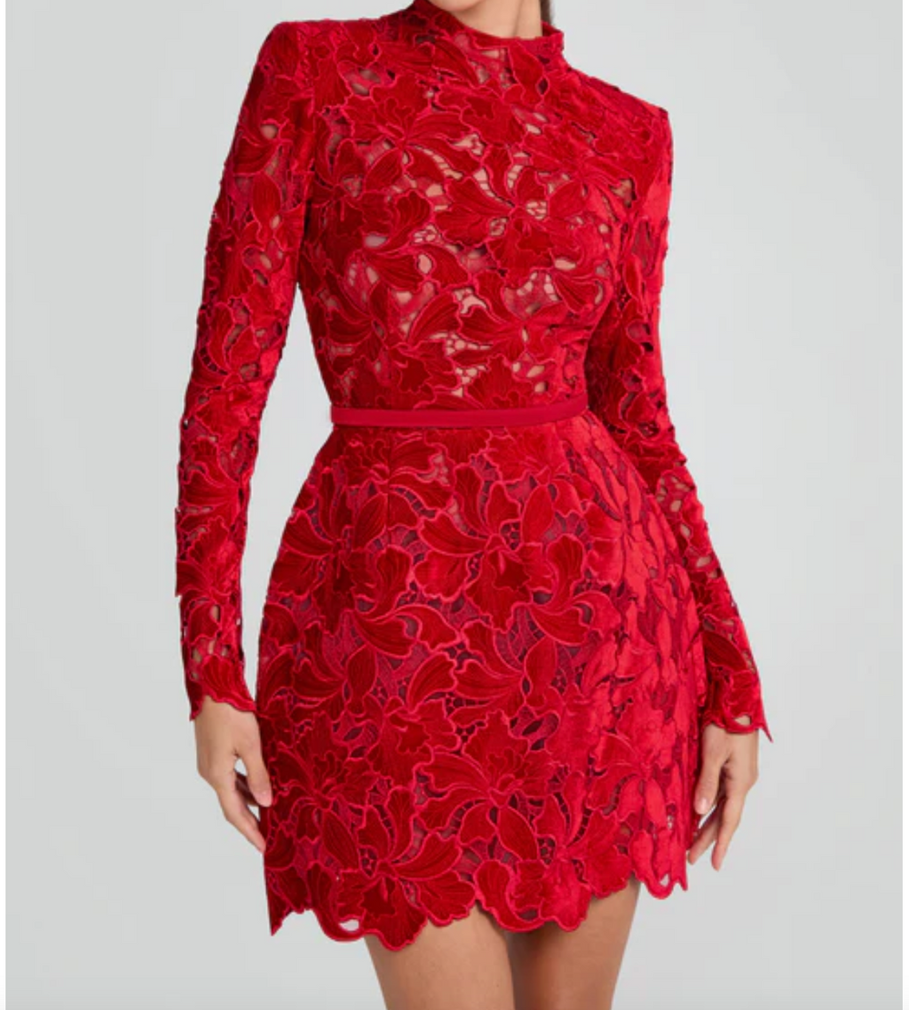 Nadine Merabi Red Lydia Embroidered Lace Tulip Shape Dress UK 10