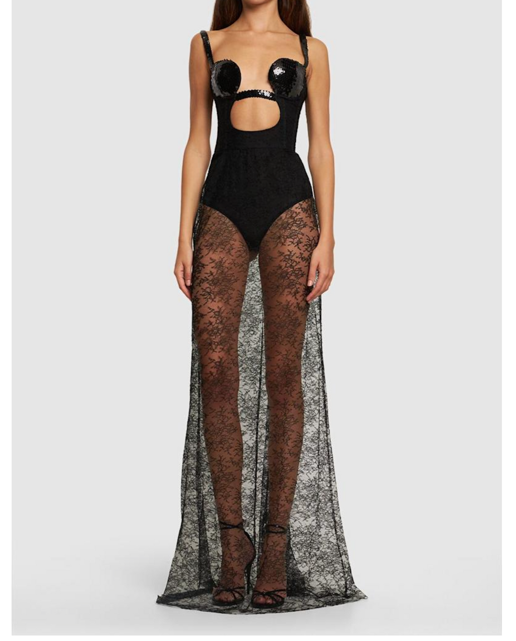 Nensi Dojaka Black Sheer Lace Sequined Strap Dress with built in Bodysuit UK S