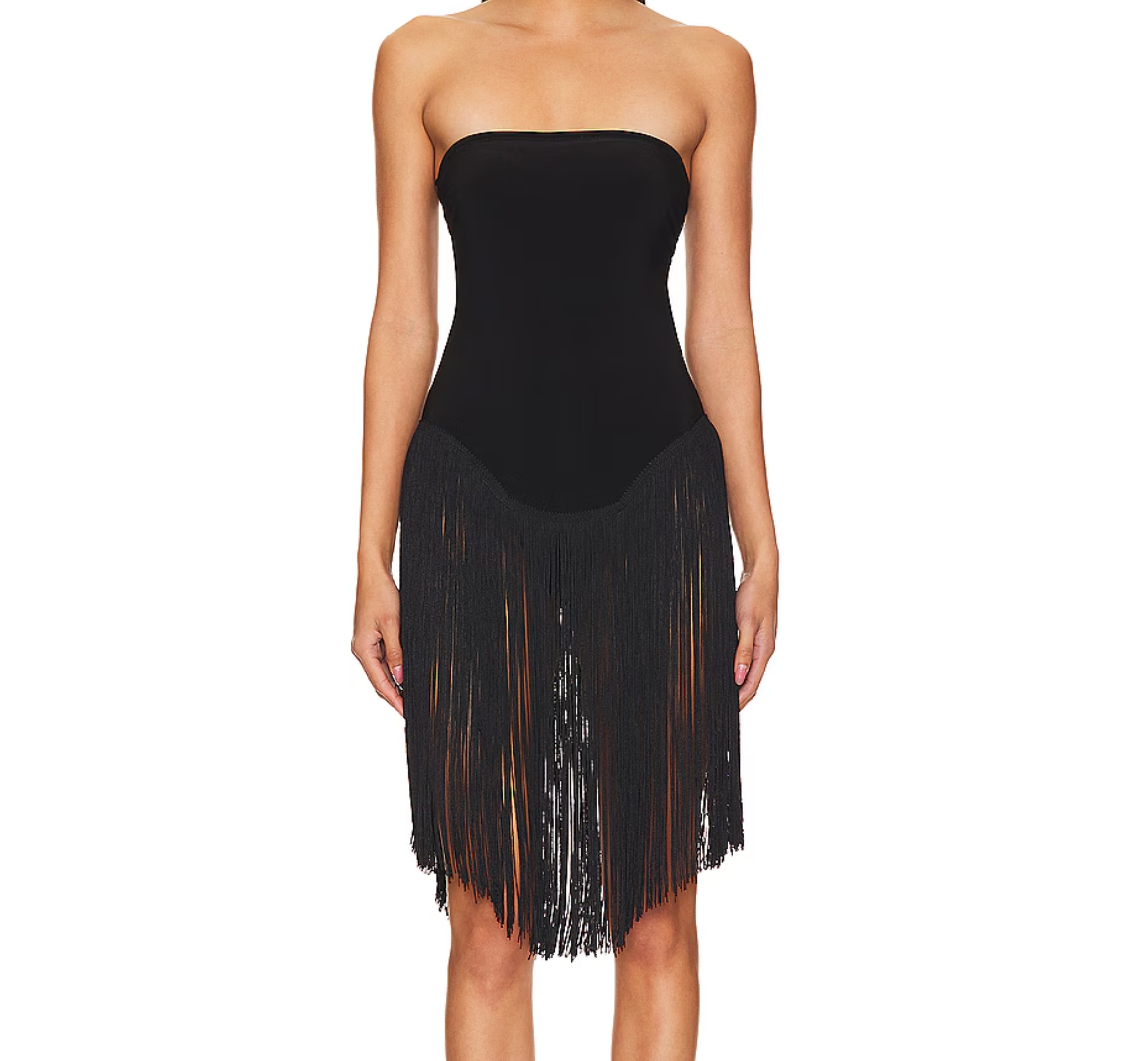 Norma Kamali Black 18" Fringe Bishop Strapless Mini Dress UK XS