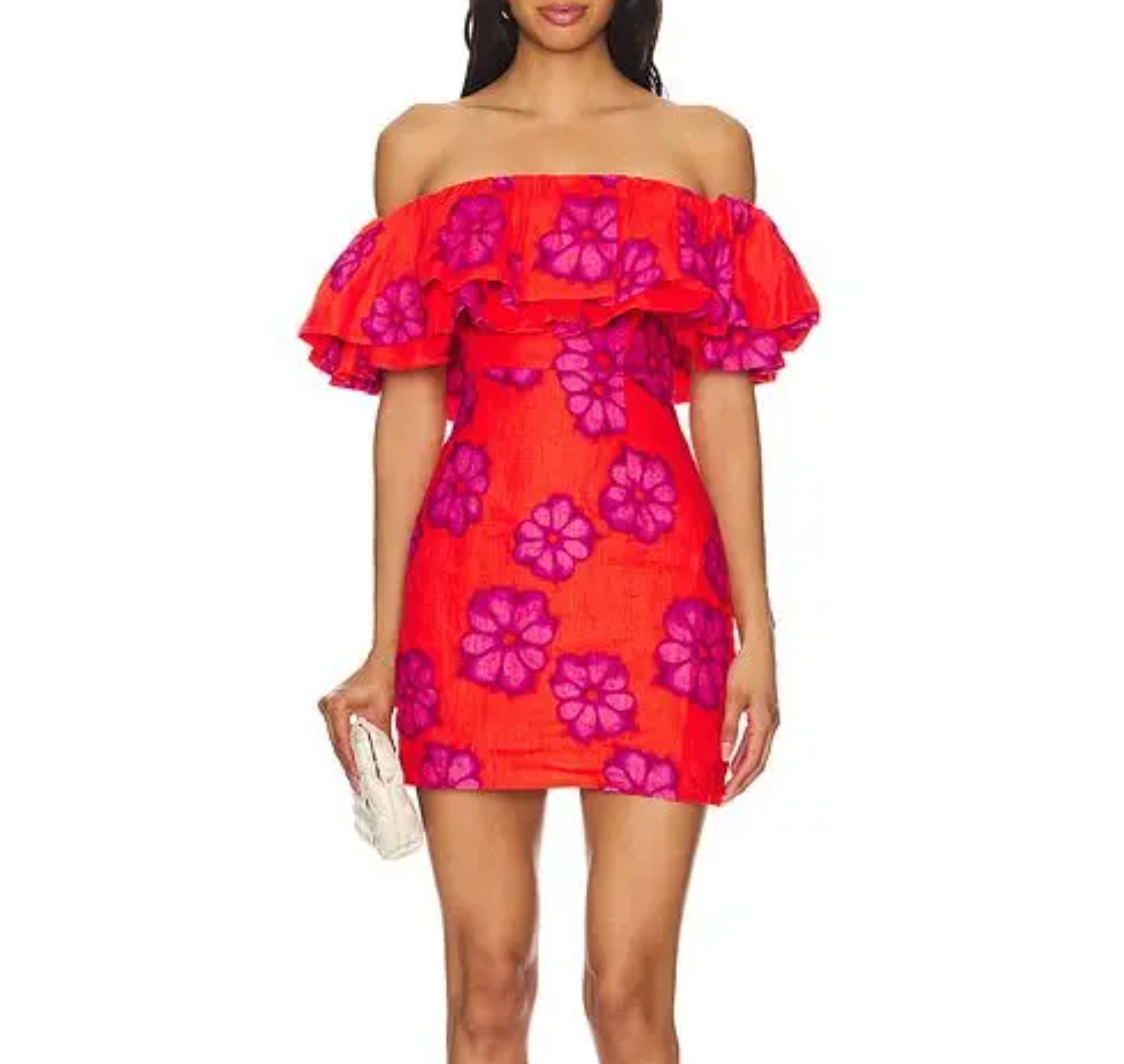 Rhode Resort Luxury floral Linen Ruffle mini  Dress UK 4