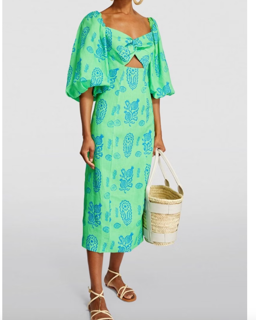Rhode Resort Green Linen cut-out Noa Midi Dress  UK 10