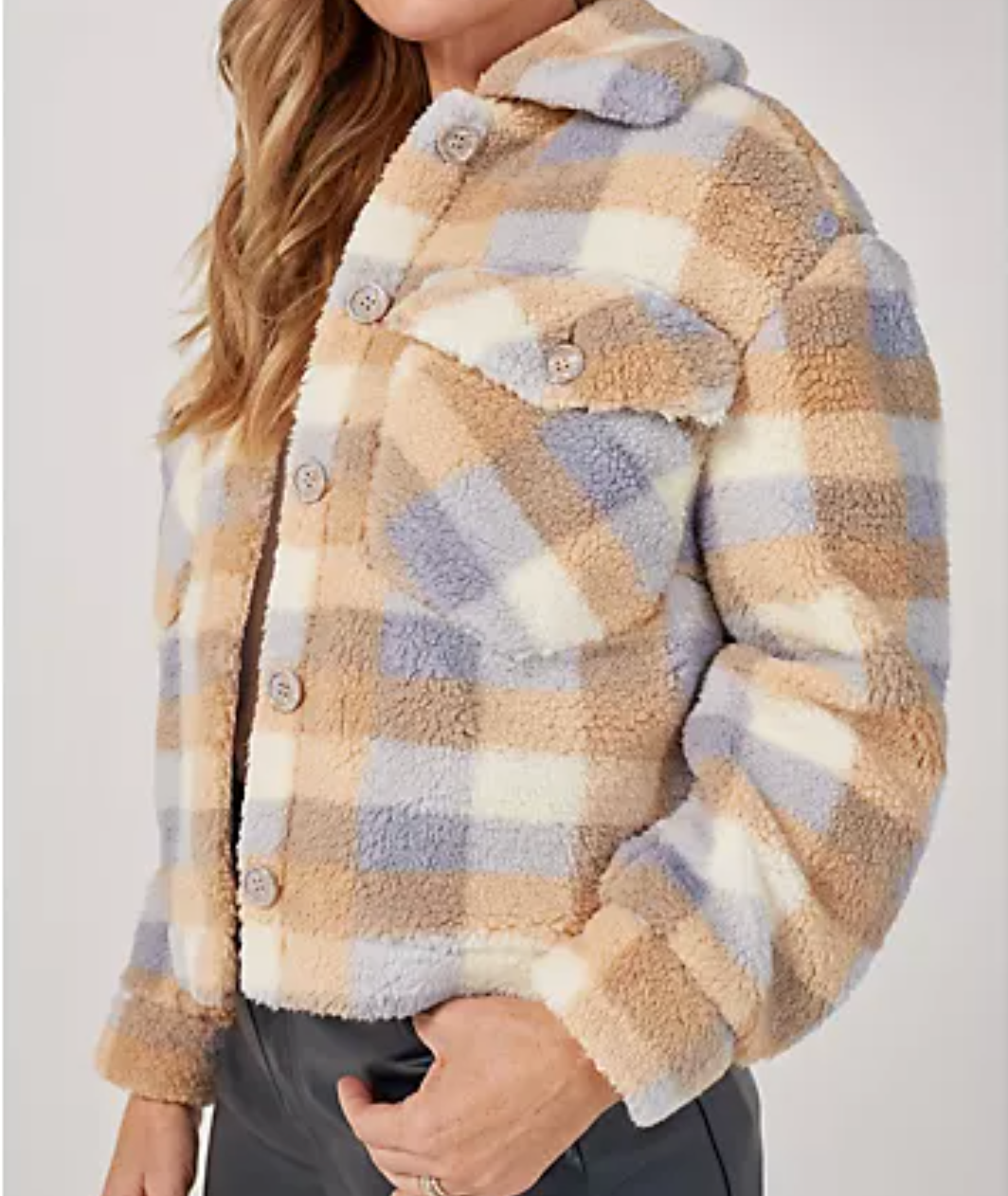 Badgley Mischka Beige Check Super Soft Sherpa Teddy Fleece Jacket UK XL