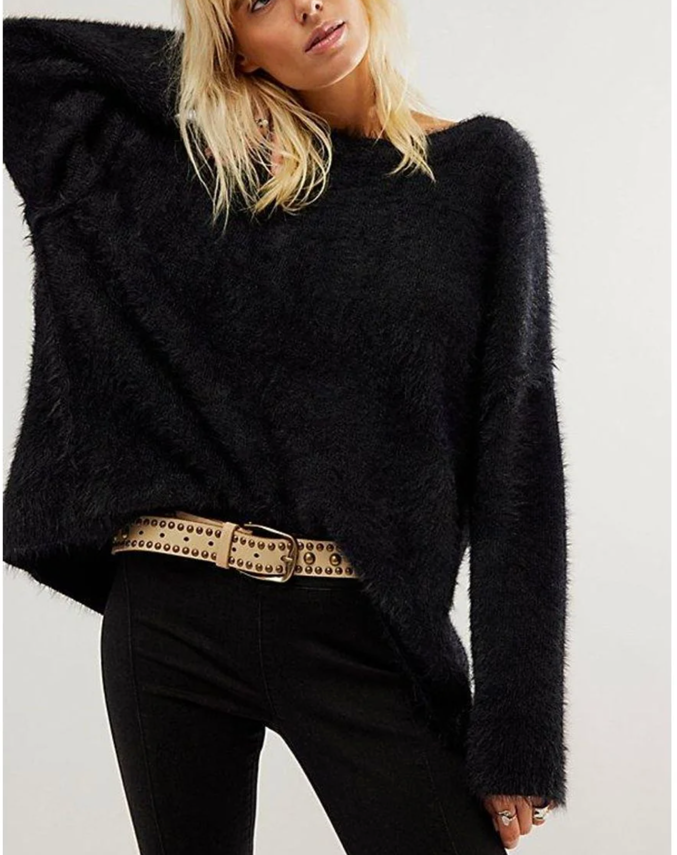 Free People Black Harrison Bunny Super soft Crew Neck Jumper UK L