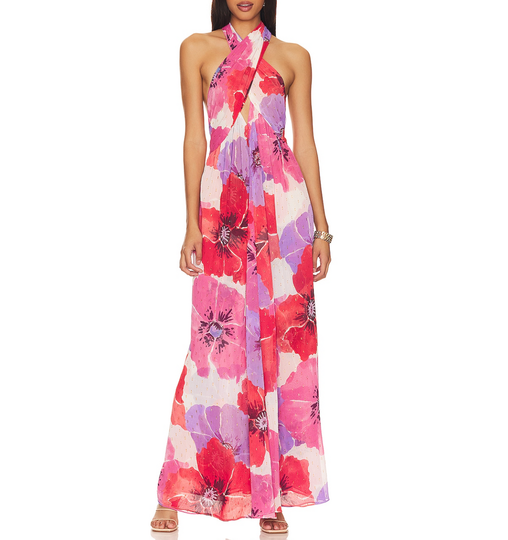 MISA Los Angeles Alexandra Floral & Metallic Halterneck Dress UK XS